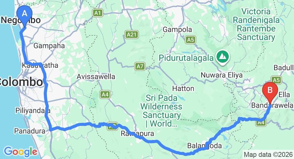 Driving route map: Colombo Airport (CMB) to 9 Arch, Bandarawela (218 km, approx 5 h 18 min private transfer)