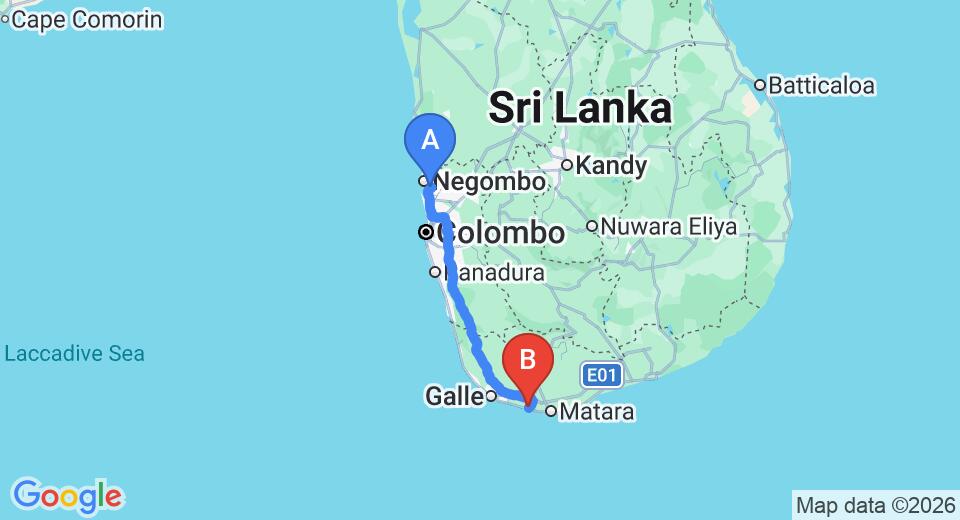 Driving route map: Colombo Airport (CMB) to Robin Hill Suites, Weligama (172 km, approx 2 h 25 min private transfer)