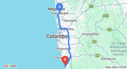 Driving route map: Colombo Airport (CMB) to Turyaa Kalutara, Kalutara (79 km, approx 1 h 24 min private transfer)