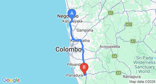 Driving route map: Colombo Airport (CMB) to Lake View Bungalow, Bandaragama (66 km, approx 1 h 2 min private transfer)