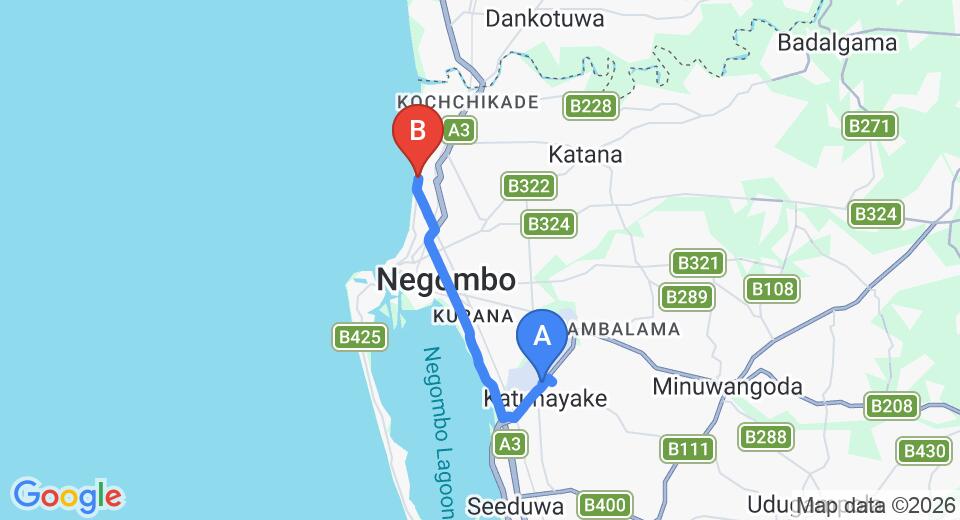 Driving route map: Colombo Airport (CMB) to Oasis Beach Resort, Negombo (13 km, approx 31 min private transfer)