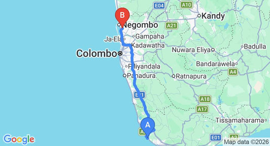 Driving route map: Dodanduwa to Colombo Airport (CMB) (144 km, approx 2 h 6 min private transfer)
