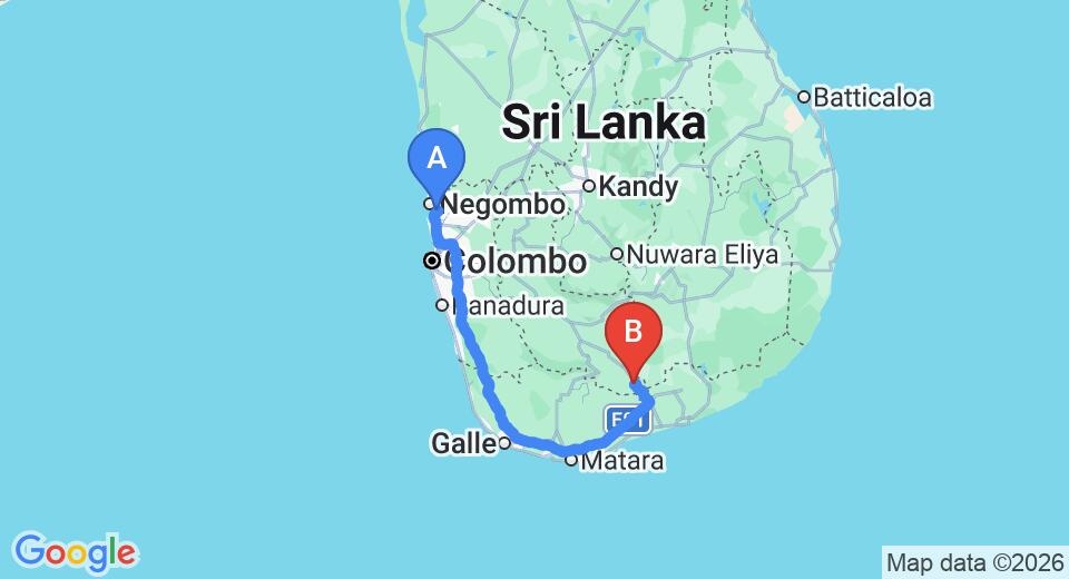 Driving route map: Colombo Airport (CMB) to Centuria Lake Resort, Embilipitiya (245 km, approx 3 h 15 min private transfer)