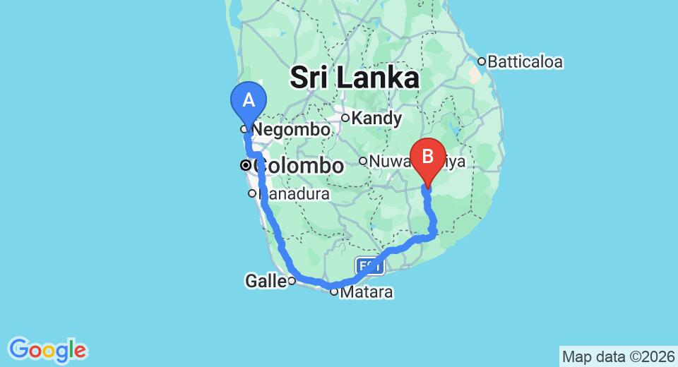 Driving route map: Colombo Airport (CMB) to Tree Tops Jungle Lodge, Yala (335 km, approx 4 h 44 min private transfer)