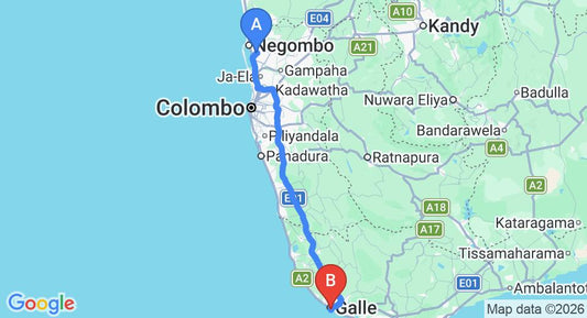 Driving route map: Colombo Airport (CMB) to Villa Aurora, Galle (153 km, approx 2 h 13 min private transfer)