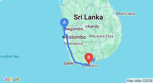 Driving route map: Colombo Airport (CMB) to Austrian Beach Resort, Dikwella (203 km, approx 2 h 57 min private transfer)
