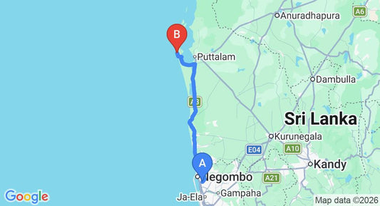 Driving route map: Colombo Airport (CMB) to Udekki, Kalpitiya (120 km, approx 2 h 56 min private transfer)