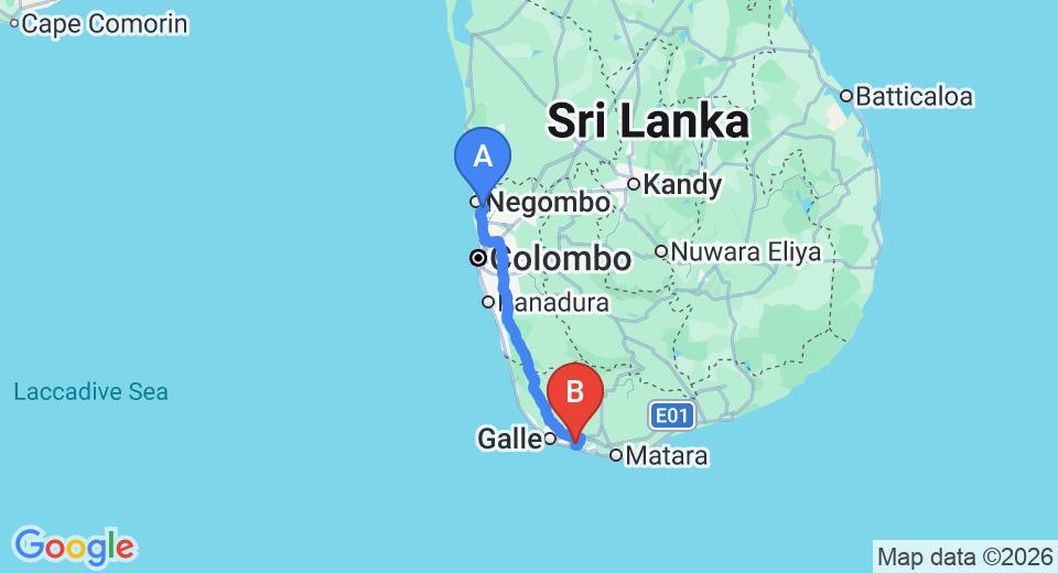 Driving route map: Colombo Airport (CMB) to Koggala (164 km, approx 2 h 20 min private transfer)