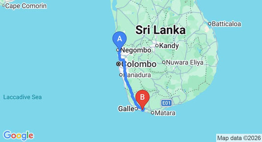 Driving route map: Colombo Airport (CMB) to Koggala (164 km, approx 2 h 20 min private transfer)