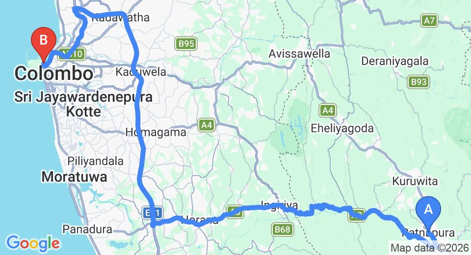 Driving route map: Ratnapura to Colombo Seaport (118 km, approx 2 h 38 min private transfer)