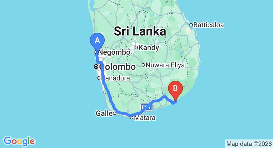 Driving route map: Colombo Airport (CMB) to Jetwing Tented Villas, Yala (299 km, approx 4 h 18 min private transfer)