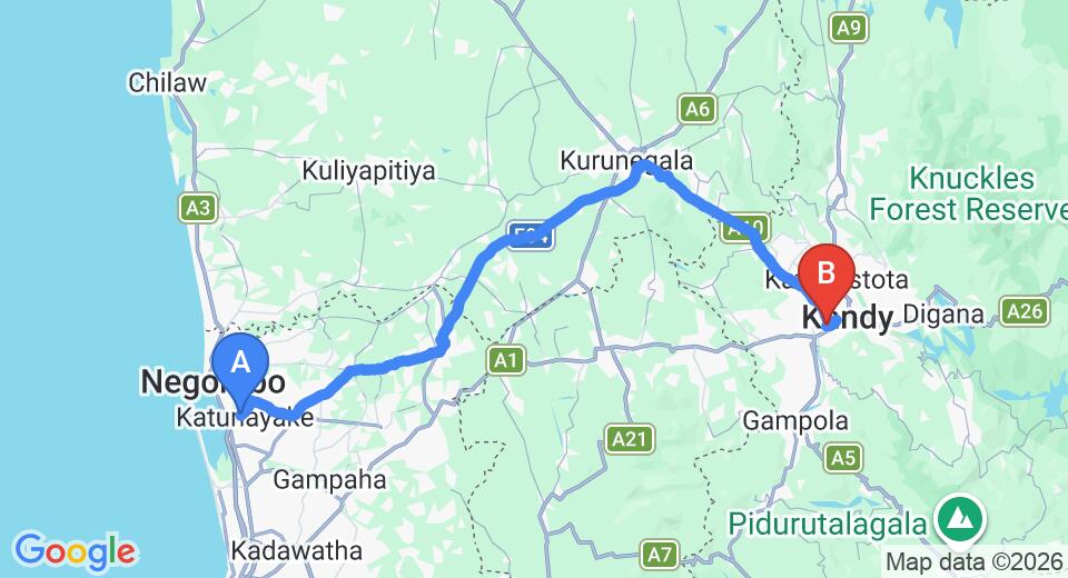 Driving route map: Colombo Airport (CMB) to Periwinkle Bungalow, Kandy (113 km, approx 2 h 50 min private transfer)