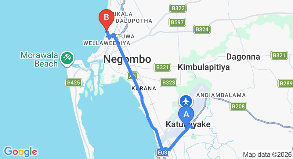 Driving route map: Colombo Airport (CMB) to Winston Beach Guest House, Negombo (12 km, approx 28 min private transfer)