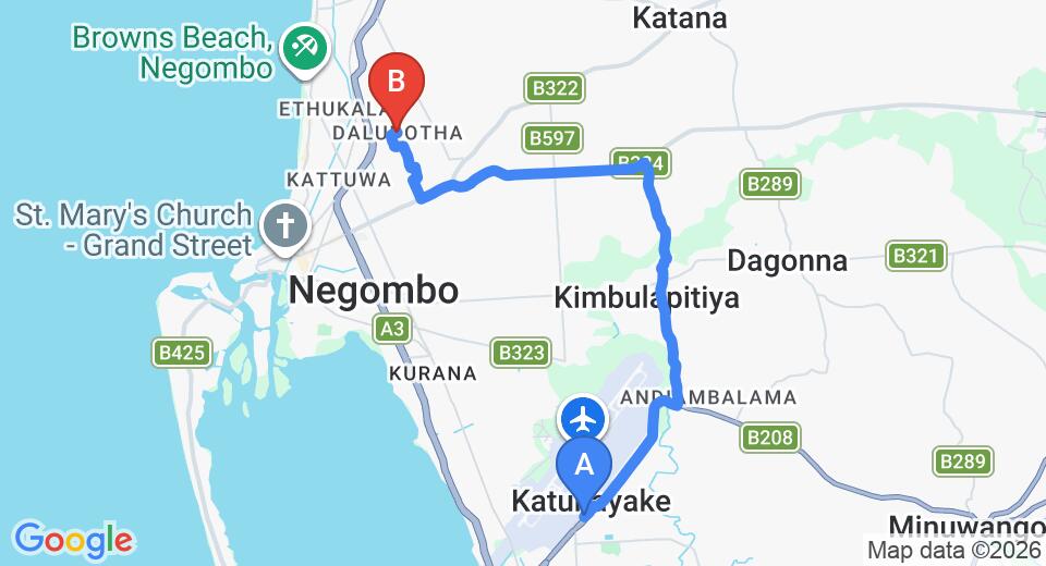 Driving route map: Colombo Airport (CMB) to Dalupotha (13 km, approx 29 min private transfer)