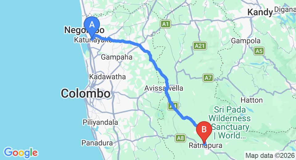 Driving route map: Colombo Airport (CMB) to Udapola Bungalow, Ratnapura (94 km, approx 2 h 40 min private transfer)