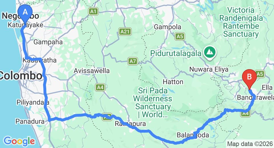 Driving route map: Colombo Airport (CMB) to Eeescart Family Resort, Bandarawela (225 km, approx 5 h 32 min private transfer)