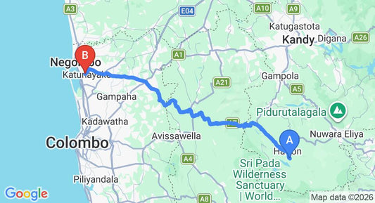 Driving route map: Dikoya to Colombo Airport (CMB) (121 km, approx 3 h 44 min private transfer)