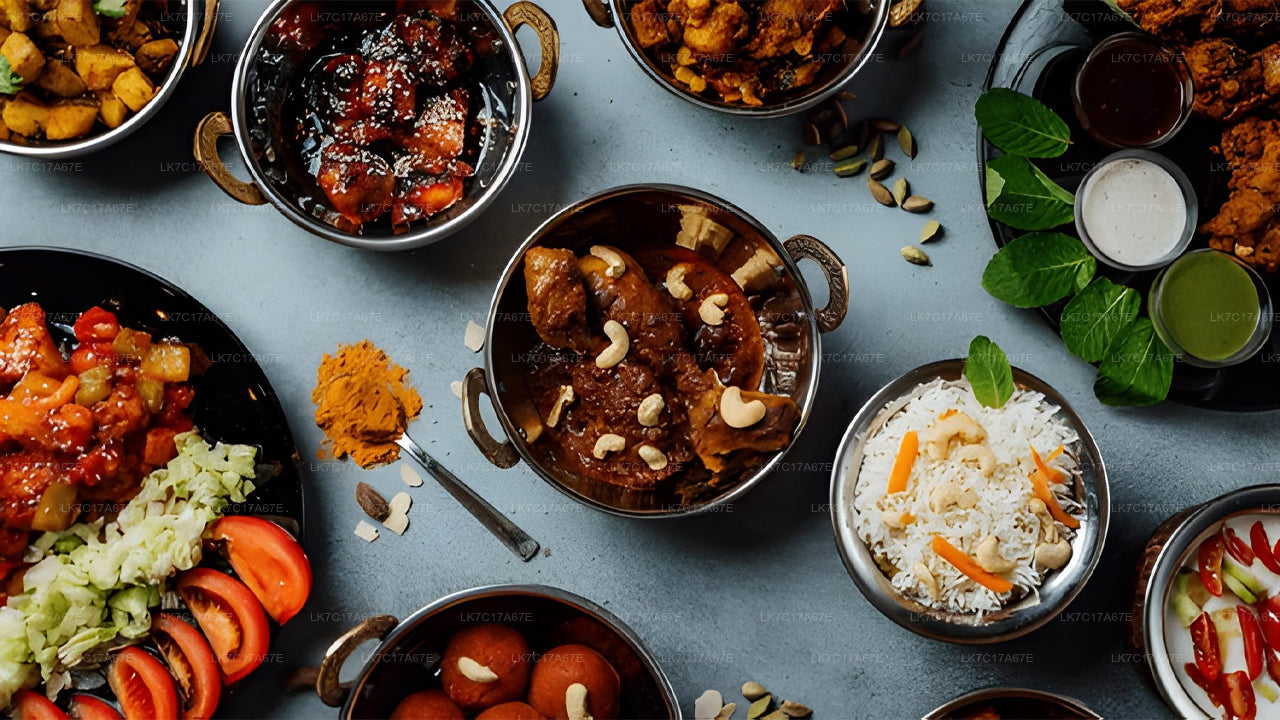 Assorted Indian dishes including curries, rice, and vegetables on a blue surface.