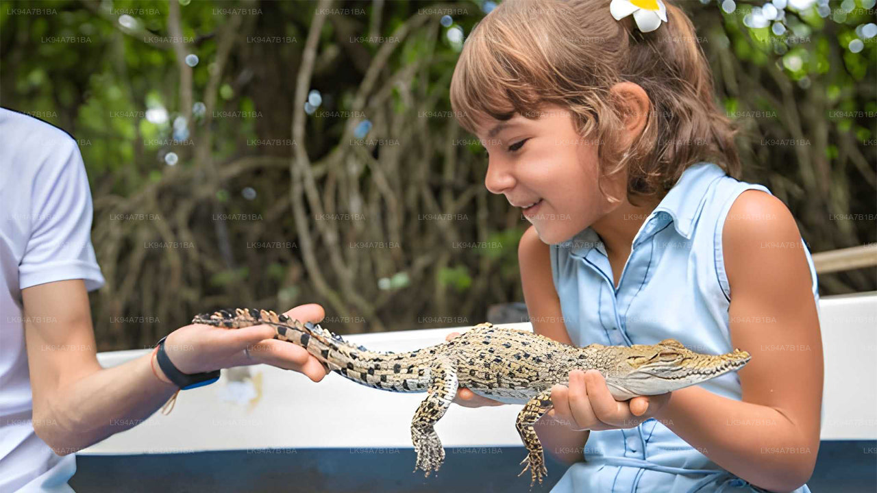 Child holding a small alligator with another person outdoors