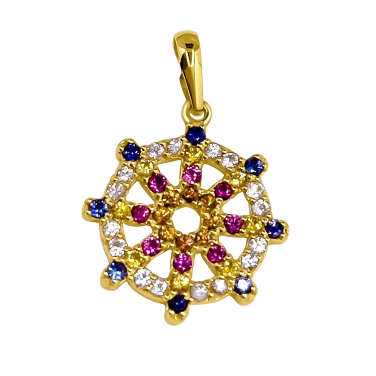 Lakpura® Gold Dharmachakra Pendant with Multicolor Sapphire Stones