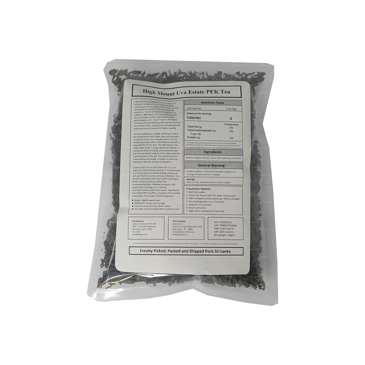 Lakpura® Uva High Mount Uva Estate PEK 茶（100 克）