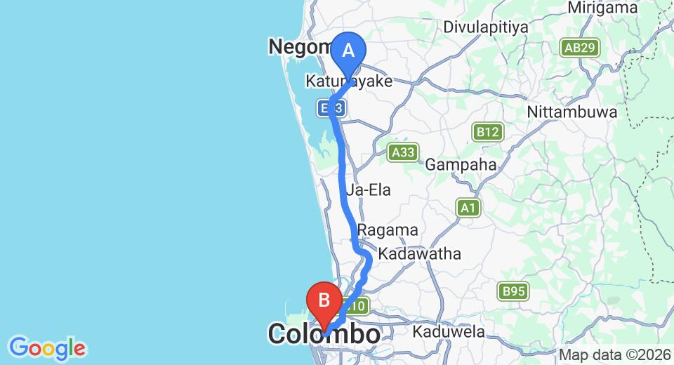 Driving route map: Colombo Airport (CMB) to OZO Colombo, Colombo (32 km, approx 39 min private transfer)