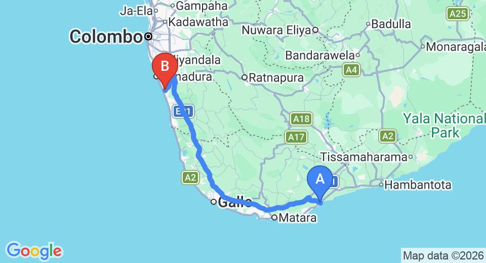 Driving route map: Tangalle to Wadduwa (158 km, approx 2 h 14 min private transfer)