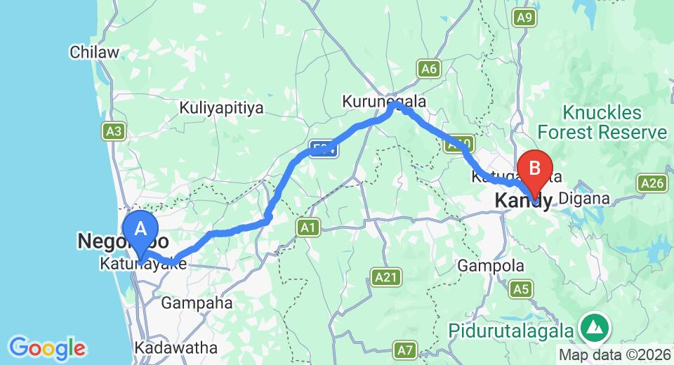 Driving route map: Colombo Airport (CMB) to RedHill Kandy, Kandy (116 km, approx 2 h 54 min private transfer)