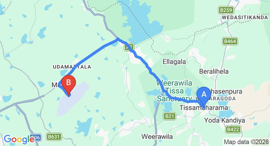 Driving route map: Tissamaharama to Mattala (HRI) Airport (29 km, approx 36 min private transfer)
