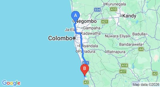 Driving route map: Colombo Airport (CMB) to Lotus Villa Ayurveda Resort, Ahungalla (122 km, approx 2 h 1 min private transfer)
