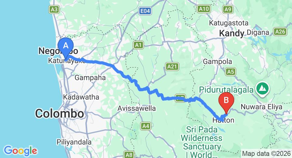 Driving route map: Colombo Airport (CMB) to Kotagala (121 km, approx 3 h 44 min private transfer)