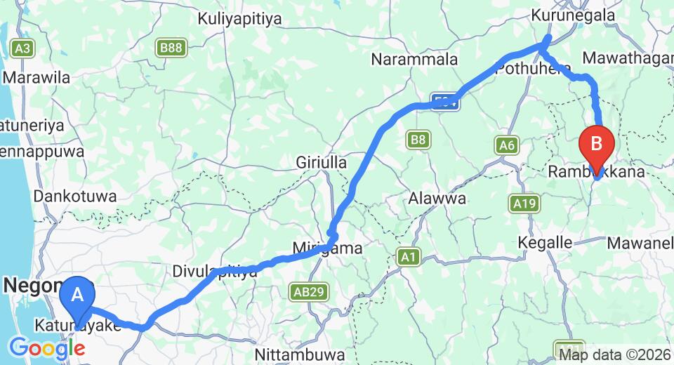 Driving route map: Colombo Airport (CMB) to Himawwa Holiday Resort, Pinnawala (90 km, approx 2 h 3 min private transfer)