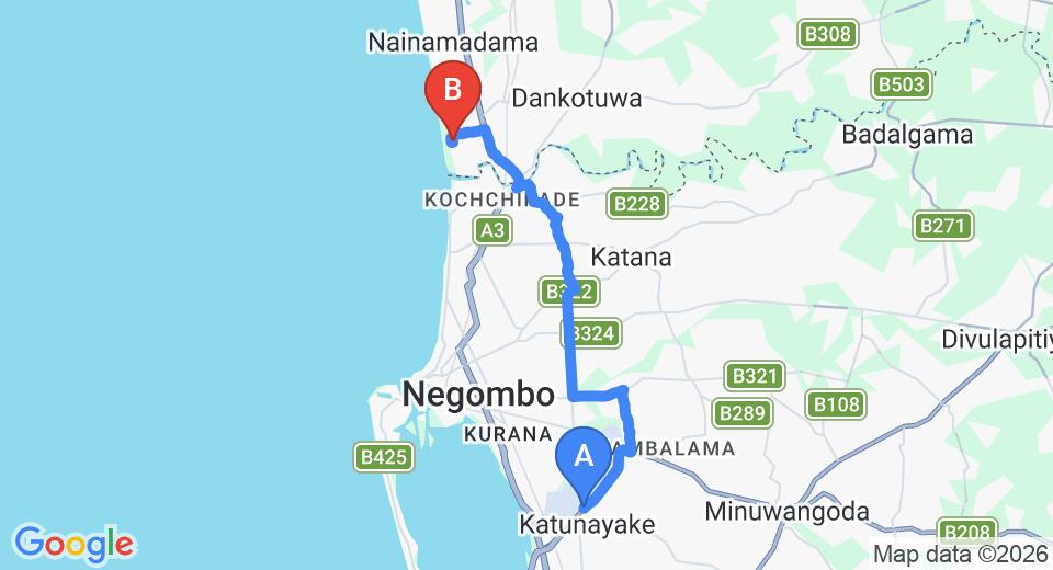 Driving route map: Colombo Airport (CMB) to Villa Suriyagaha, Waikkal (20 km, approx 42 min private transfer)