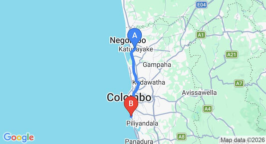 Driving route map: Colombo Airport (CMB) to Hotel Sun Hill, Colombo (43 km, approx 1 h 9 min private transfer)