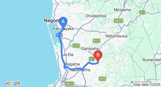 Driving route map: Colombo Airport (CMB) to Weliweriya (39 km, approx 48 min private transfer)