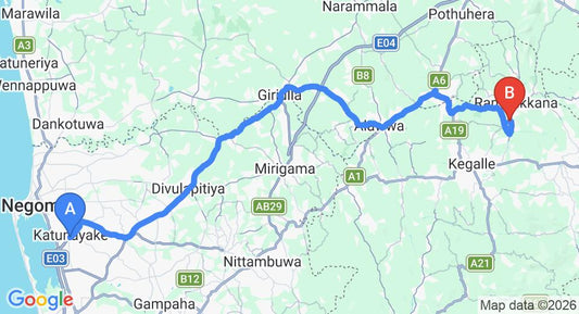Driving route map: Colombo Airport (CMB) to Hotel Elephant Park, Pinnawala (78 km, approx 2 h 7 min private transfer)