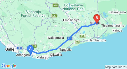 Driving route map: Weligama to Mattala (HRI) Airport (98 km, approx 1 h 22 min private transfer)