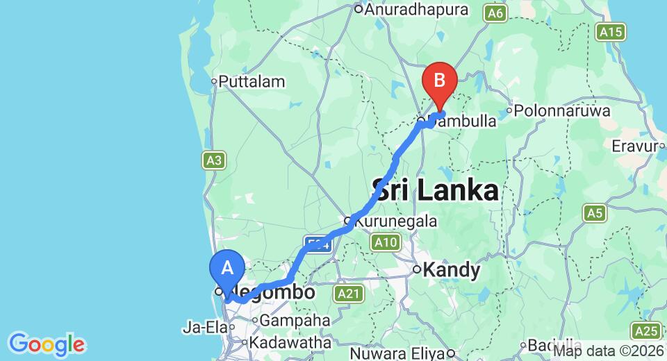 Driving route map: Colombo Airport (CMB) to Wild Grass Nature Resort, Sigiriya (144 km, approx 3 h 13 min private transfer)