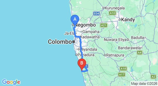 Driving route map: Colombo Airport (CMB) to Bougain Villa, Bentota (106 km, approx 1 h 37 min private transfer)