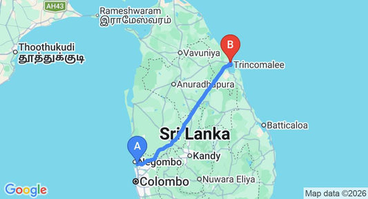 Driving route map: Colombo Airport (CMB) to Anantamaa Hotel, Trincomalee (238 km, approx 4 h 51 min private transfer)