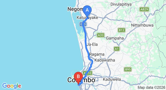 Driving route map: Colombo Airport (CMB) to Sea View Hotel, Colombo (36 km, approx 50 min private transfer)