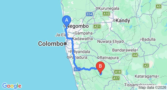 Driving route map: Colombo Airport (CMB) to The Blue Magpie Lodge, Ratnapura (151 km, approx 2 h 59 min private transfer)