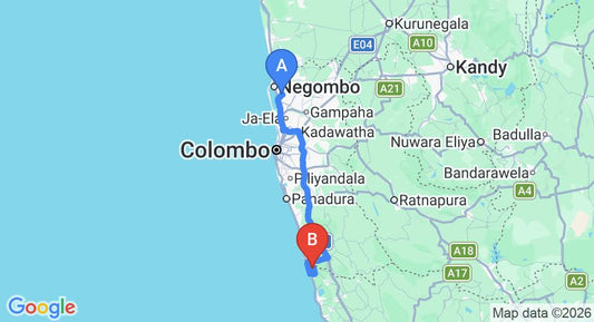Driving route map: Colombo Airport (CMB) to Minnehaha, Bentota (118 km, approx 2 h 1 min private transfer)