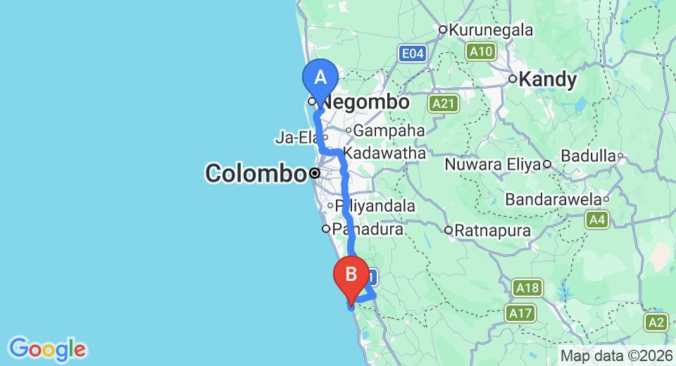 Driving route map: Colombo Airport (CMB) to Hotel Bentota Village, Bentota (110 km, approx 1 h 44 min private transfer)