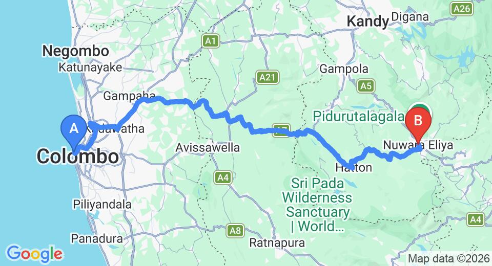 Driving route map: Colombo Seaport to Nuwara Eliya (169 km, approx 4 h 49 min private transfer)