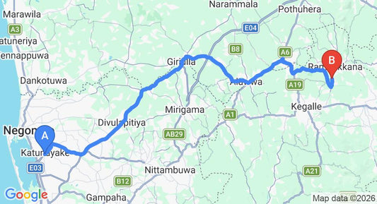 Driving route map: Colombo Airport (CMB) to Governors Lodge Pinnawala, Pinnawala (78 km, approx 2 h 6 min private transfer)