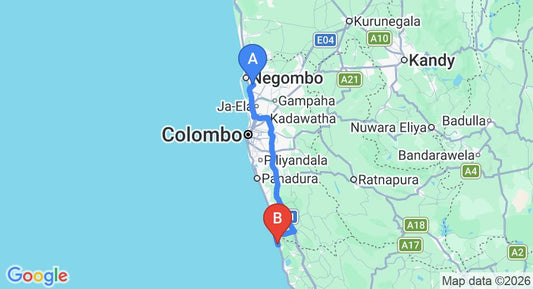 Driving route map: Colombo Airport (CMB) to Serendib Beach Hotel, Bentota (112 km, approx 1 h 46 min private transfer)