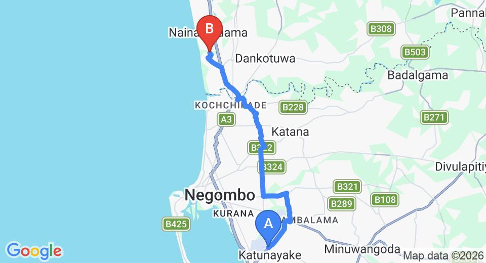Driving route map: Colombo Airport (CMB) to Ging Oya Lodge, Waikkal (20 km, approx 43 min private transfer)