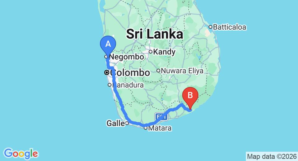 Driving route map: Colombo Airport (CMB) to Elephant Lake Yala, Yala (286 km, approx 3 h 54 min private transfer)