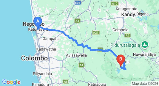 Driving route map: Colombo Airport (CMB) to Dunkeld Bungalow, Hatton (133 km, approx 4 h 17 min private transfer)